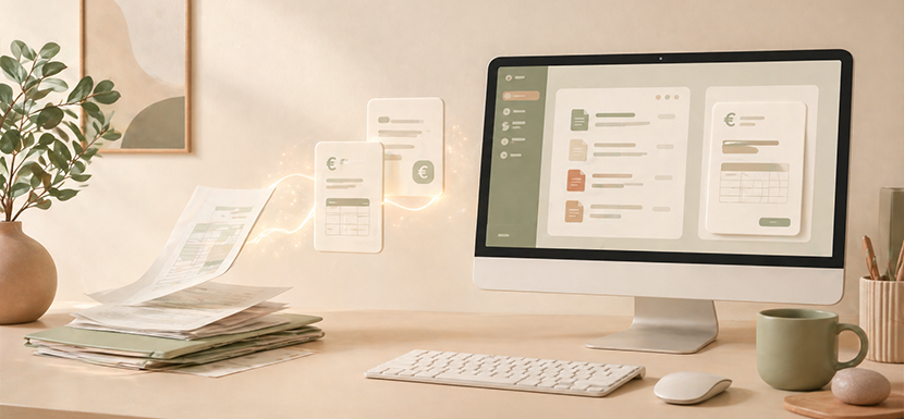 Illustration représentant un bureau avec un ordinateur affichant des documents et factures numériques organisées et symbolisant la transition vers la facturation électronique.