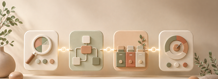 Illustration du process Tisse en quatre étapes sous forme de cartes douces reliées entre elles.
