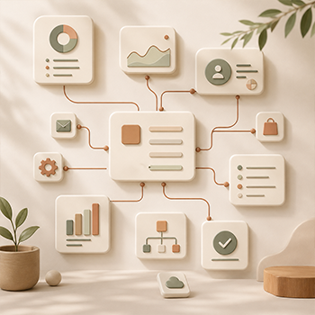 Illustration montrant un écosystème digital simple et harmonieux : plusieurs cartes ou modules doux reliés entre eux par de fines lignes.